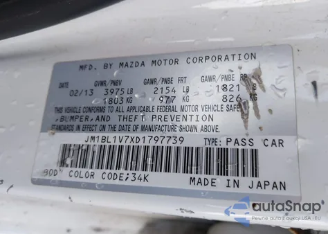 2013 Mazda Mazda3 I Touring из США, поврежденный, VIN JM1BL1V7XD1797739